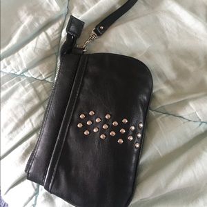 Leather black studded wristlet wallet